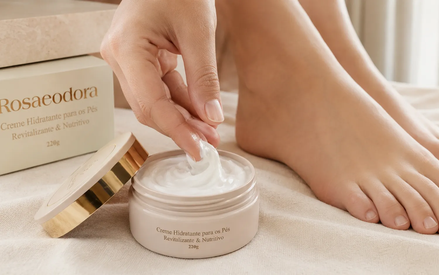 Ritual de aplicação do Creme Rosaeodora com o pote aberto