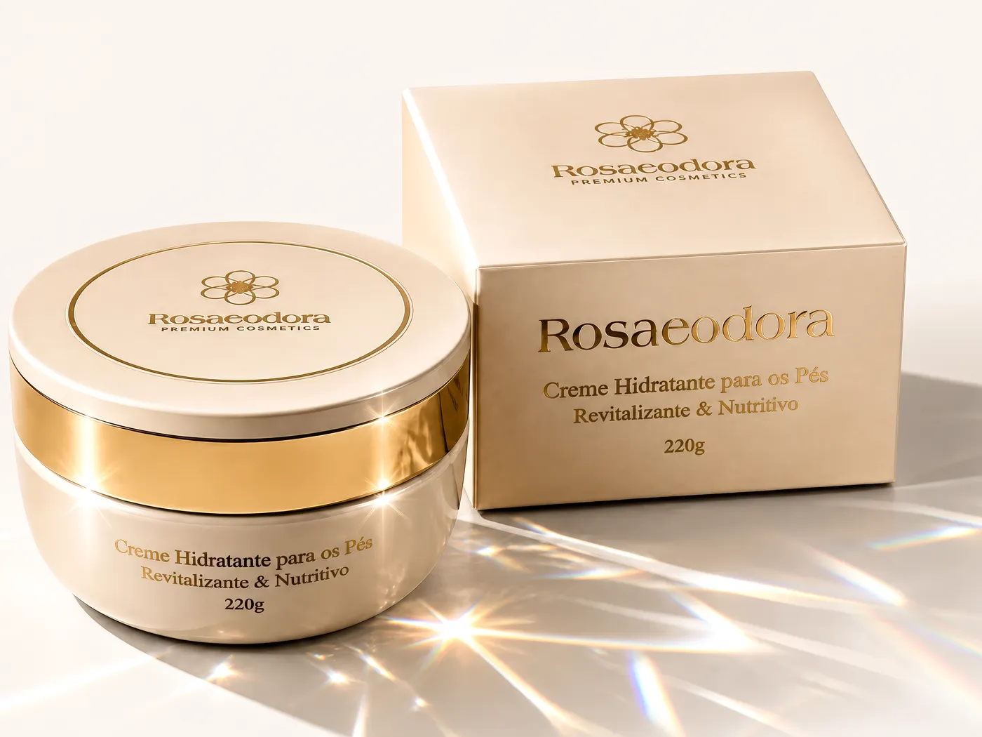 Pote e caixa Rosaeodora em composição premium com reflexos de luz