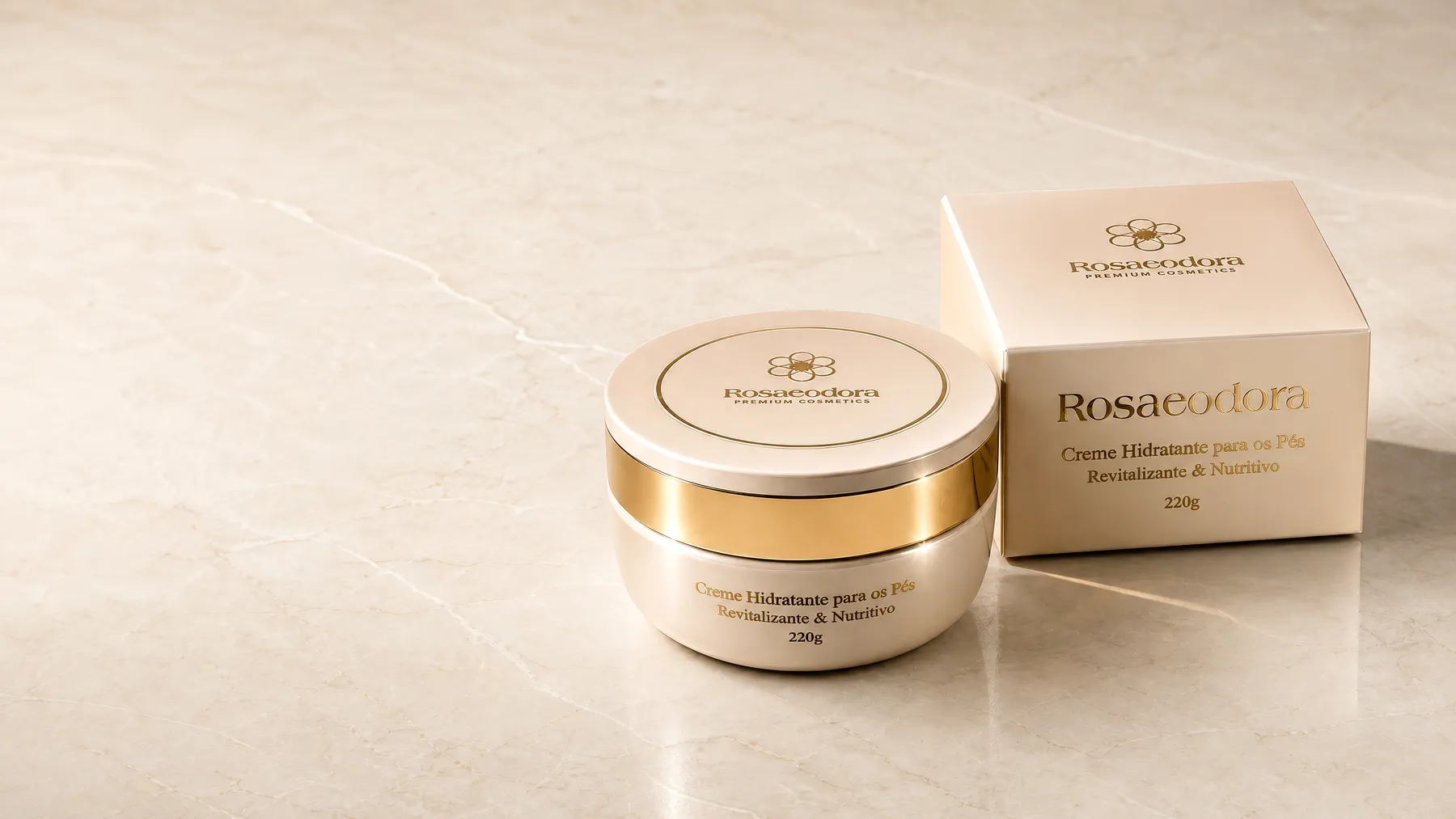 Pote e caixa do Creme Rosaeodora em composição premium sobre mármore